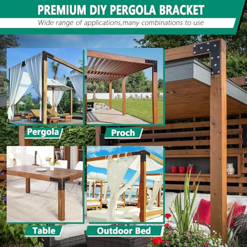 Pergola Flat Brackets 10" x 10",L-Shape Straight Joining Brackets for 4 x 4 or 6 x 6 Lumber,Heavy Duty Mending Plate for Gazebo,Porch,Truss Framing,Log Cabins - 4Pack - size: L-shape