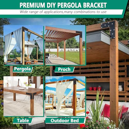 Pergola Flat Brackets 10" x 10",L-Shape Straight Joining Brackets for 4 x 4 or 6 x 6 Lumber,Heavy Duty Mending Plate for Gazebo,Porch,Truss Framing,Log Cabins - 4Pack - size: L-shape