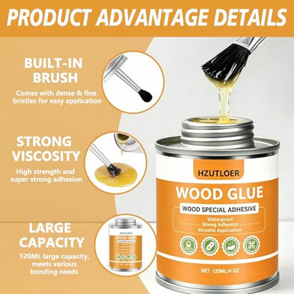 4OZ Wood Glue with Brush, Strong Woodworking Super Glue, Professional Adhesive for Furniture Repair, Crafts, DIY Projects, Hardwood & Softwood