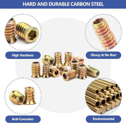 178Pcs Threaded Inserts for Wood,1/4"-20, 5/16"-18, 3/8"-16 10 Sizes Carbon Steel Inserts Kit,Hex Socket Threaded Screw Assortment with 3PCS Hex Wrench for Furniture