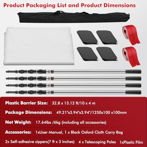 12FT Dust Barrier Poles, 4Pack Spring Retractable Zipper Wall Poles