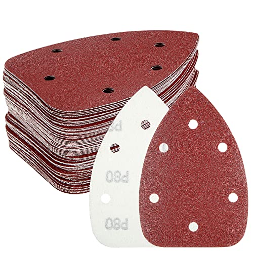 60PCS Triangular Sander Sandpaper, HYCHIKA Detail Sander Sandpaper Assorted 60/80/100/120/180/240 Grits with 6 Holes for Wood Sanding, Fit 3.92inch Qscillating Multi Tool Sander Machine - style: Detail Sander
