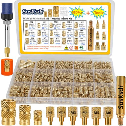 580+7PCS Heat Set Threaded Inserts Kit, M2 M2.5 M3 M4 M5 M6 Metric Brass Threaded Inserts Assortment, Knurled Inserts with Heat Set Insert Tool, for 3D Printing Components, Plastic Parts, DIY Projects