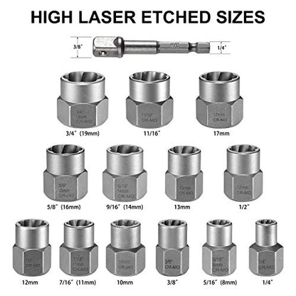 14-Piece Bolt Extractor Kit, 3/8" Drive Impact Bolt & Nut Remover Set - size: 14-Piece