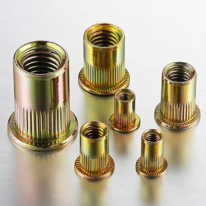 Wensilon Rivet Nut 5/16-18UNC 100Pcs Yellow Zinc Plated Finish Flat Head Rivnut Threaded Insert Nut Knurled Body - color: Yellow, size: 5/16-18