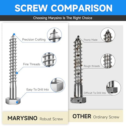 (15-Set) 1/4 x 4 Lag Screws, Stainless Steel Heavy Duty Hex Head Lag Bolts for Wood, Commercial/Industrial Grade 1/4 Bolts, Mounting Screws Bolts Kit, Bright Finish by Marysino - color: Silver, size: 1/4 x 4"