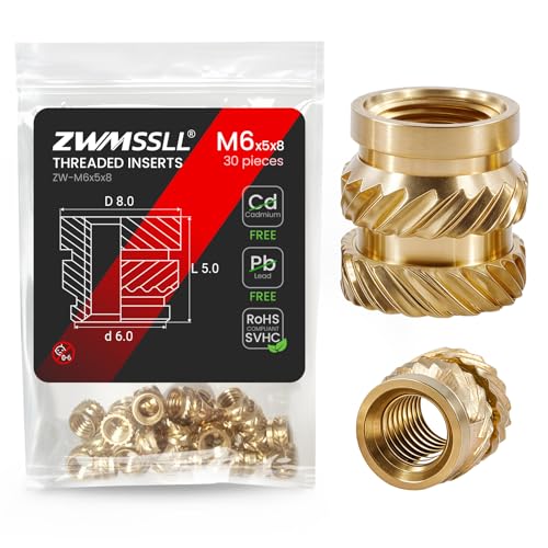 M6 Heat-Set Threaded Inserts, M6x5x8mm(30Pieces) Heat Set Insert for 3D Printing Components and Plastic Parts,Brass Metric Knurled Nuts - size: M6x5x8mm