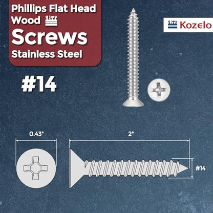 25pcs Phillips Flat Wood Screw #14x2 316 Stainless Steel Silver - size: #14x2"