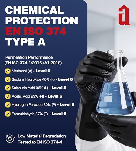 AnTools 2 Pairs Heavy-Duty Chemical Resistant Rubber Gloves, Protective Industrial Gloves for Cleaning, Dishwashing, Resist Acid, Alkali, Hazmat, Black, Large