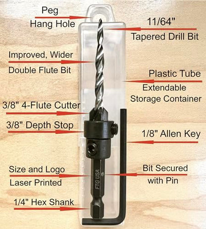 FTG USA #8(11/64") Tapered Wood Countersink Drill Bit w/ 3/8" Collar & Case - size: #8, style: with Depth Stop