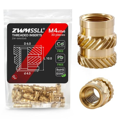 M4 Heat-Set Threaded Inserts, M4x10x6mm(30Pieces) Heat Set Insert for 3D Printing Components and Plastic Parts,Brass Metric Knurled Nuts - size: M4x10x6mm