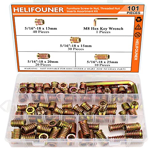 5/16-18 Threaded Inserts, Wood Inserts, Steel Threaded Inserts for Wood Furniture Screw, HELIFOUNER 100 Pieces 5/16"-18 x 13mm/15mm/20mm/25mm Threaded Inserts Kit with Hex Wrench - size: 5/16"-18 Assortment Kit