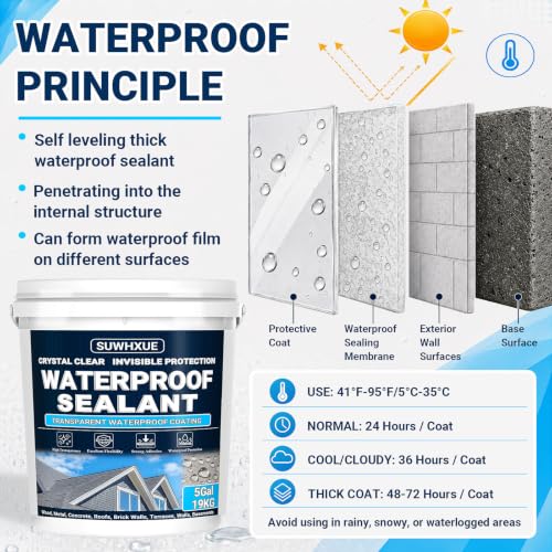 Clear Waterproof Sealant, SUWHXUE 5Gal/19KG Water-Based Transparent Waterproof Leak Repair Coating, Invisible Flexible Sealant for Concrete Walls Wood Metal Roof Water Sealer Indoor & Outdoor - size: 5 Gal