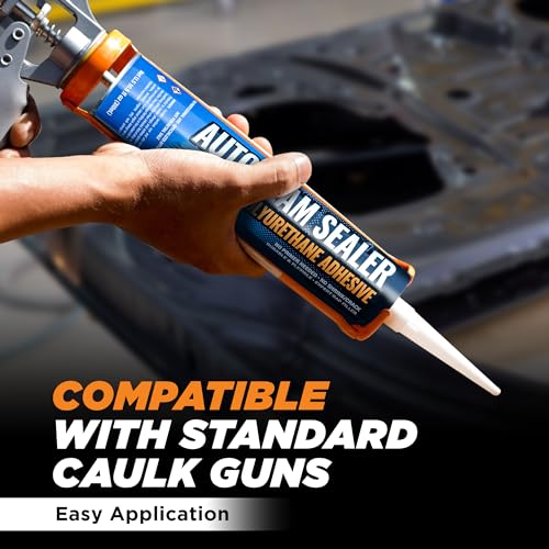 [White] 2 Pack Professional Automotive Seam Sealer, Paintable Quick-Set Polyurethane Auto Body Filler Seam Sealer for Metal Surfaces of Cars, Trucks, Etc, with Tip & Gloves - RV Roof White Sealant - color: White
