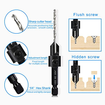 5-pc Countersink Drill Bit Set, 3in1 Woodworking Counterbore Hole Drill Bits for #6 8 10 12 16 Screws, Depth Adjustable M2 Pilot Drill Bits, 82-Degree Chamfer, 1/4” Hex Shank, 2 Allen Wrench - size: 5 Piece Countersink Bit Set (#6 #8 #10 #12 #16)