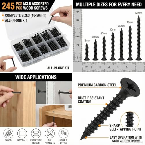 245 Pcs M3.5 Self Tapping Screws Flat Head Black Carbon Steel