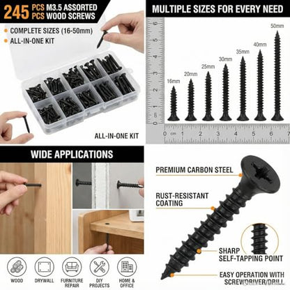245 Pcs M3.5 Self Tapping Screws Flat Head Black Carbon Steel
