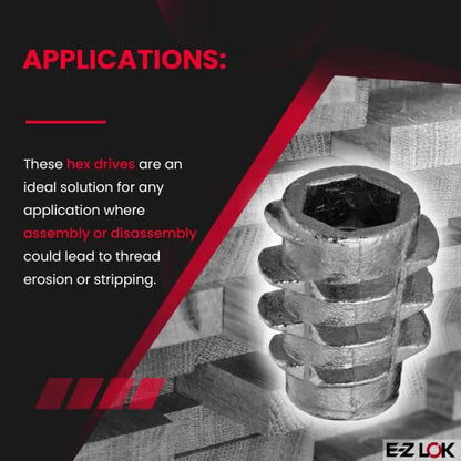 E-Z LOK Knife Thread Insert for Soft Wood, Hex Flush, 10-32, 13mm, 50 ct - size: #10-32 Internal Threads, 0.512" Length