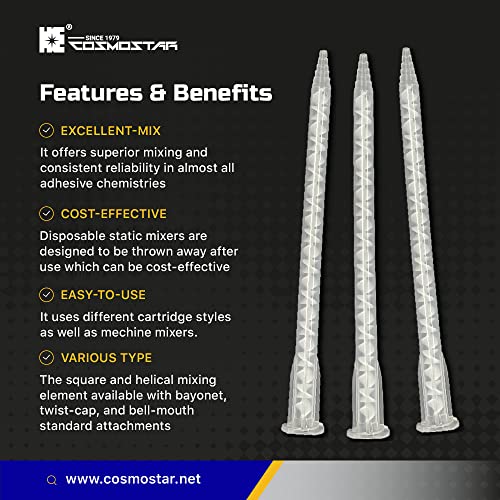 CosmoMix Helical Static Mixer Nozzle Tube Tip, Bayonet Connection, 6 Inches, 21 Elements, 10 Pieces Epoxy Mixing Nozzle Tip, For AB Glue Acrylic Adhensive Gun Mixer(RCS07-21S)
