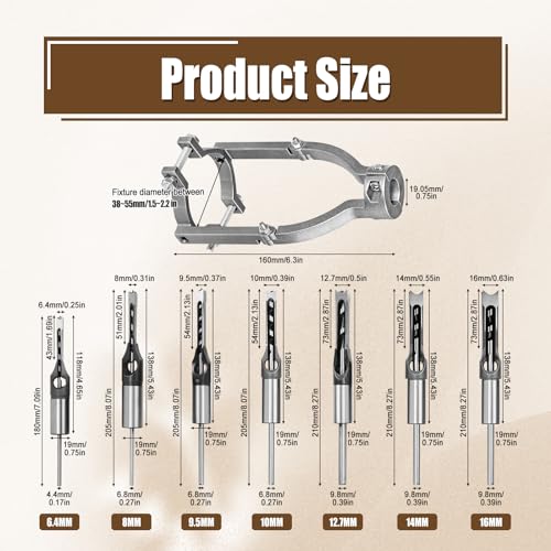 Woodworking Square Hole Drill Bits with Adapter, 1/4, 5/16, 3/8, 2/5, 1/2, 9/16, 5/8 Wood Mortising Chisel Set Wood Square Hole Mortising Chisel Drill Bit for Mortising Machines