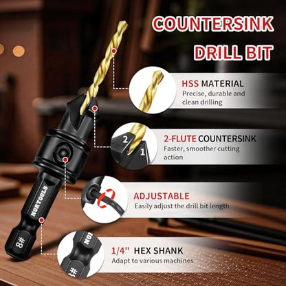 NOROOLS Countersink Drill Bit Set,5 Pcs Counter Sink Drill Bit Adjustable for Wood,#4, #6, #8, #10, #12, High-Speed Steel 5 Spare Bits Adjustable，4pcs Screwdriver Bit 2x50mm+2x25mm for Woodworking