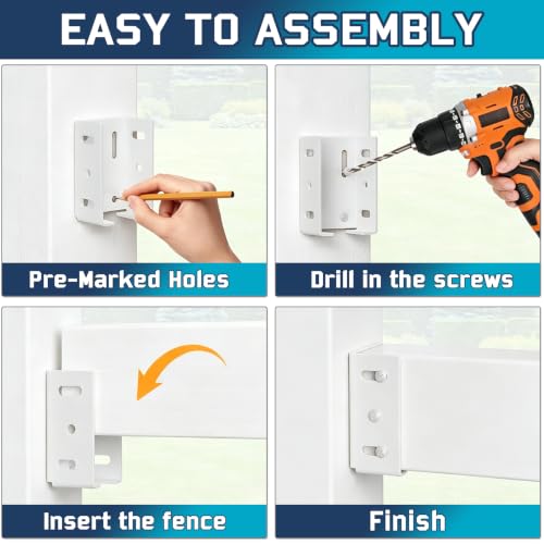 Fence Bracket for Vinyl Fencing Panel, White Heavy Duty Metal Replacement for 2.75in Plastic, Connects Panel to Post - Vinyl Fence Parts (4Pcs & 40 Screws)