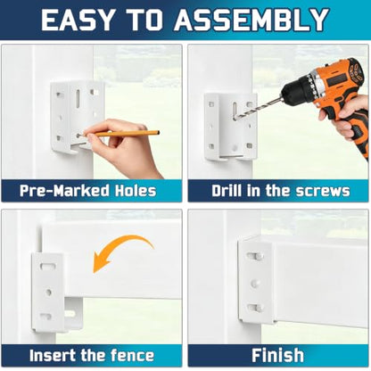 Fence Bracket for Vinyl Fencing Panel, White Heavy Duty Metal Replacement for 2.75in Plastic, Connects Panel to Post - Vinyl Fence Parts (4Pcs & 40 Screws)