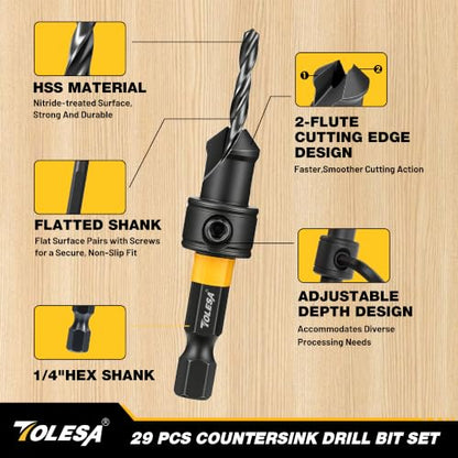 TOLESA Drill Bit Set, 105PCS Titanium Coated HSS Drill Bits with 29PCS Wood Countersink Bits, Plug Cutters, Screwdriver Bits & Organizer Case