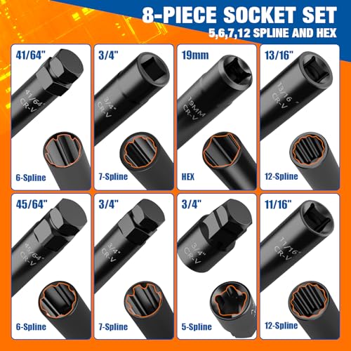 Dynofit 8-Piece Lug Nuts Key Kit, 5/6/7/12 Spline Lug Nuts Socket Set for Aftermarket Rims and Wheel Lock, with 1/2" Drive & Hex External Ends for Removal, Cr-V Steel - size: 8-Piece Set (5/6/7/12 Spline) with 1/2" Drive