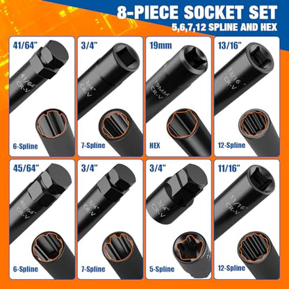 Dynofit 8-Piece Lug Nuts Key Kit, 5/6/7/12 Spline Lug Nuts Socket Set for Aftermarket Rims and Wheel Lock, with 1/2" Drive & Hex External Ends for Removal, Cr-V Steel - size: 8-Piece Set (5/6/7/12 Spline) with 1/2" Drive