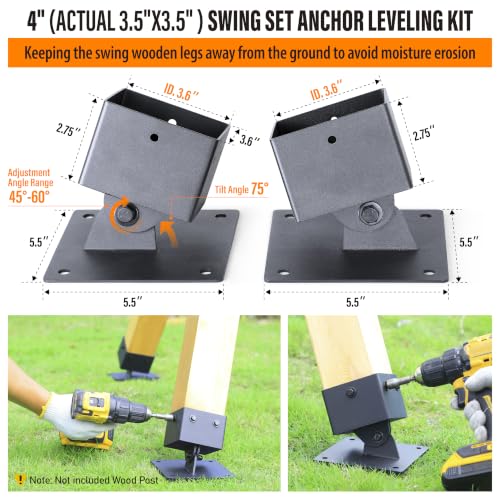 4-Pack Heavy Duty Swing Leveling Base Brackets 45-60 Angle Range Swing Set Brackets Stainless Steel Swing Anchor Leveling Kit Brackets Level on Uneven Ground Fits Grass Gravel and Hard Ground - color: Black, size: Base Brackets:4Pcs
