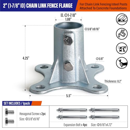 4Pack 2"(Actual: 1 7/8" OD) Chain Link Fence Post Base Flange Bracket Galvanized - size: 2"