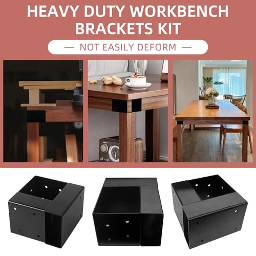 4 Pcs Workbench Brackets, 4x4 3-Way Right Angle Corner Bracket Heavy Duty Corner Brackets for DIY Workbench, Work Table, Fits 4x4 2x4 Wood - Black