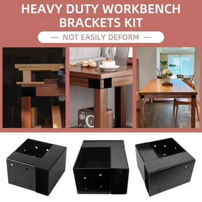 4 Pcs Workbench Brackets, 4x4 3-Way Right Angle Corner Bracket Heavy Duty Corner Brackets for DIY Workbench, Work Table, Fits 4x4 2x4 Wood - Black
