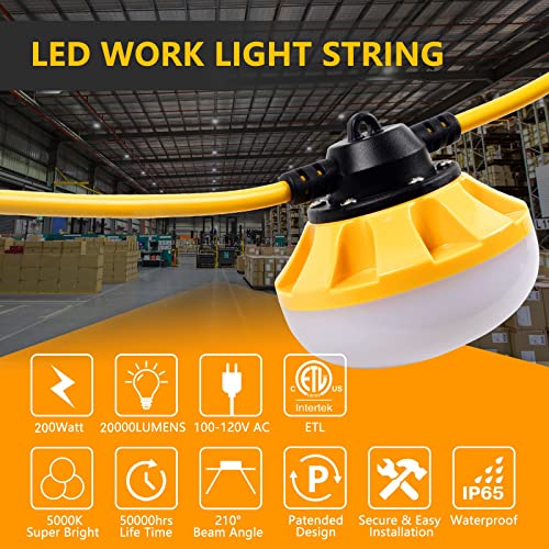 200FT Construction String Lights, Industrial Grade,Free for Climbing Hook - size: 200FT 2 Prong (Yellow)