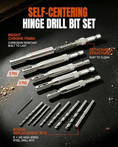 COMOWARE Self-Centering Drill Bit Set, 17pcs VIX Bits, 1/4" Hex Shank Self-Centering Hinge Drill Bit Set for Woodworking Window Door Hinge, Quick Change with 1 Hex Key & 8 Drill Bits 5/64-1/4” - color: 17 PCS