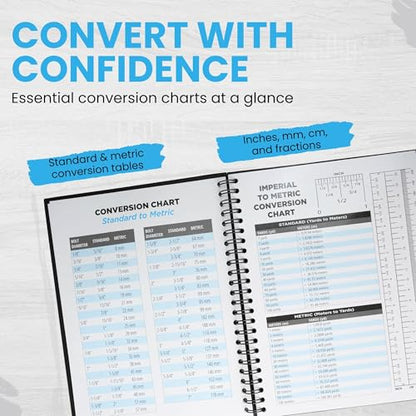 All-in-One DIY Project Notebook - Conversion Charts, Miter Angles, Bolt Sizes and Workshop Reference Guide - 120 Pages and 18 Laminated Reference Pages - Woodworking Planner