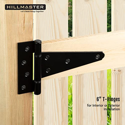 HILLMASTER 6 Inch T-Strap Heavy Duty Shed Door Hinges Gate Strap Hinges Black Tee Hinge Wrought Hardware for Wooden Fences,Yard,Barn Door,Rustproof (6 Pack) - size: 6in 6Pack