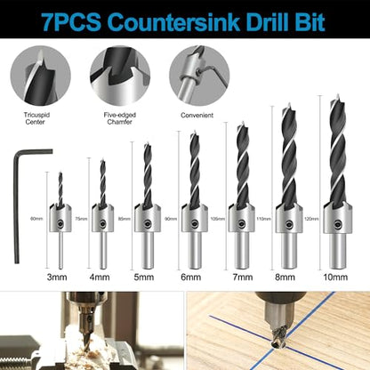 GMTOOLS 28Pcs Woodworking Chamfer Drilling Tools-Countersink Bit, Step Drill Bit Set, Wood Plug Cutter Drill Bit Set (2 Styles), 5-Flute Countersink Drill Bit, Positioning Punch and 1pc Hex Wrench - style: Set 27pcs
