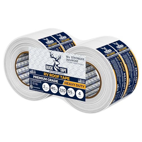 4 Pack Buck RV Roof Sealant Tape – 2 Inch x 55ft, 40 Mil – Waterproof RV Tape for Roof Repair, Seams, Skylights, Vents & Window Leaks on Camper, Trailer & Boat, UV Resistant & Weatherproof, White - size: 2 Inch, style: 4 Pack