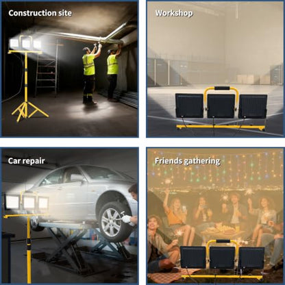 30000LM LED Work Light with Stand & Tripod 3 Head Dimmable IP66 - color: 3 Pack