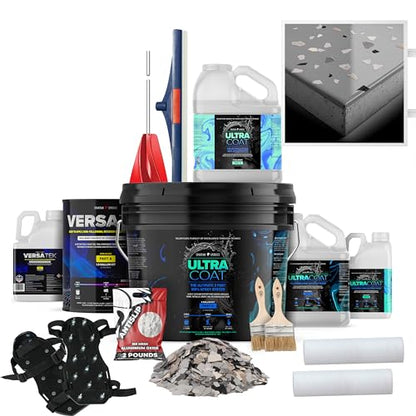 2X Thicker Epoxy Floor Kit for Concrete, Gray/Keystone Flake, 600 ft² - size: 600 ft², style: Medium Gray with Keystone