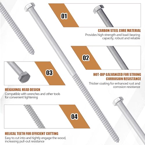 20 Pcs 1/2-inch x 16 Inch Hex Lag Screws, Hot Dip Galvanized