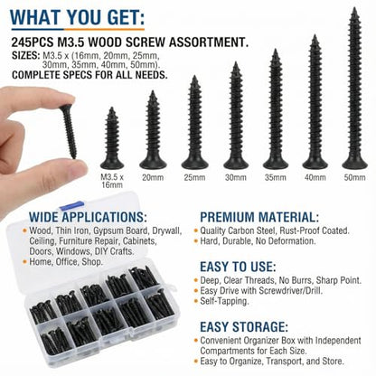 245 Pcs M3.5 Self Tapping Screws Flat Head Black Carbon Steel