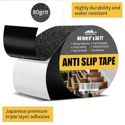 Grip Tape - Heavy Duty Anti Slip Tape, Grip Tape Grit Non Slip for Stairs Outdoor/Indoor, Waterproof High Traction Stairs Non Skid Tape, Durable Triple Layer Adhesive (8 Inch x 36 Feet) - size: 8 Inch x 36 Feet