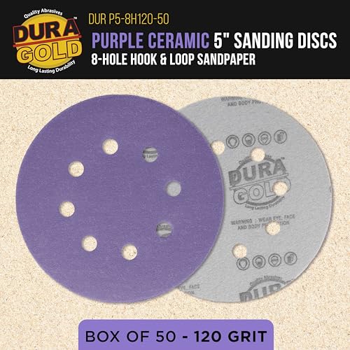 Dura-Gold 120 Grit 5" Purple Film Ceramic Sanding Discs, Box of 50, 8-Hole - style: 120 Grit
