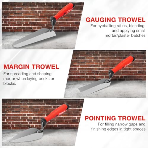 SHALL 3-Piece Masonry Tools Set, 6’’ Margin Trowel, 5.5’’ Pointing and 7’’ Gauging Trowel with Soft Grip Handle, Bricklaying Hand Tool for Concrete, Cement, Plaster, Tile Construction Projects
