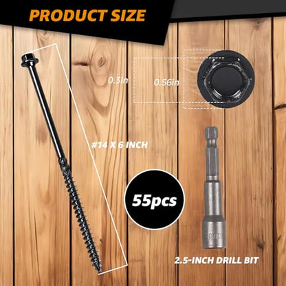 #14 x 6 Wood Structural Screws Rust Resistant Hex Head Timber Screws-55Pack - size: 14*6