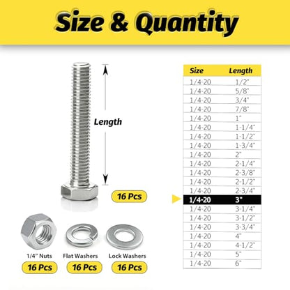 16 Sets 1/4-20x3 Bolt and Nut Set, Flat & Lock Washers Included,64PCS - size: 1/4-20x3" 16sets