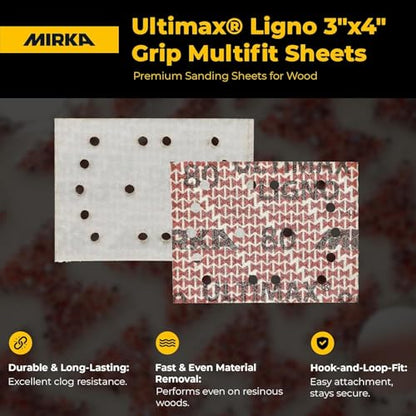 Mirka Ultimax Ligno 3x4 in 80 Grit Wood Sanding Sheets Hook & Loop 50 Pack - size: Grit 80